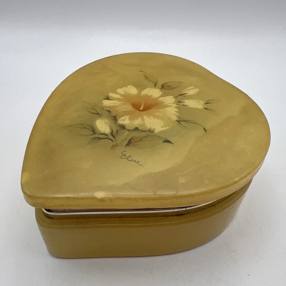 Vintage George Good Italian Alabaster Trinket Box Heart Hinged Painted Flower